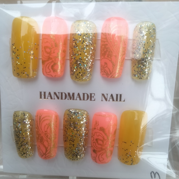 Other - Handmade Glitter Ombre Press-On Nails - Coral & Mustard